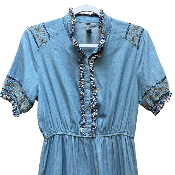 Red + Olive Bohemian Midi Dress Embroidered Details Ruffled Trim Cottage Size M - Picture 3 of 9